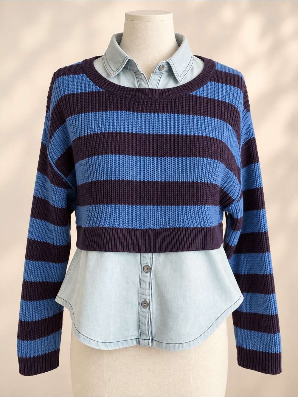 Pilcro Anthropologie Layered Twofer Sweater Striped Chambray XXS NWT